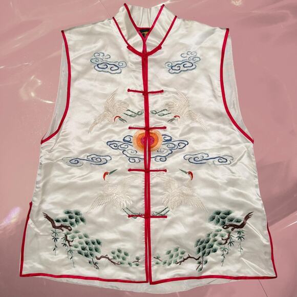 Other Tops - Stunning Vintage Chinese lucky crane hand embroidered silk satin vest